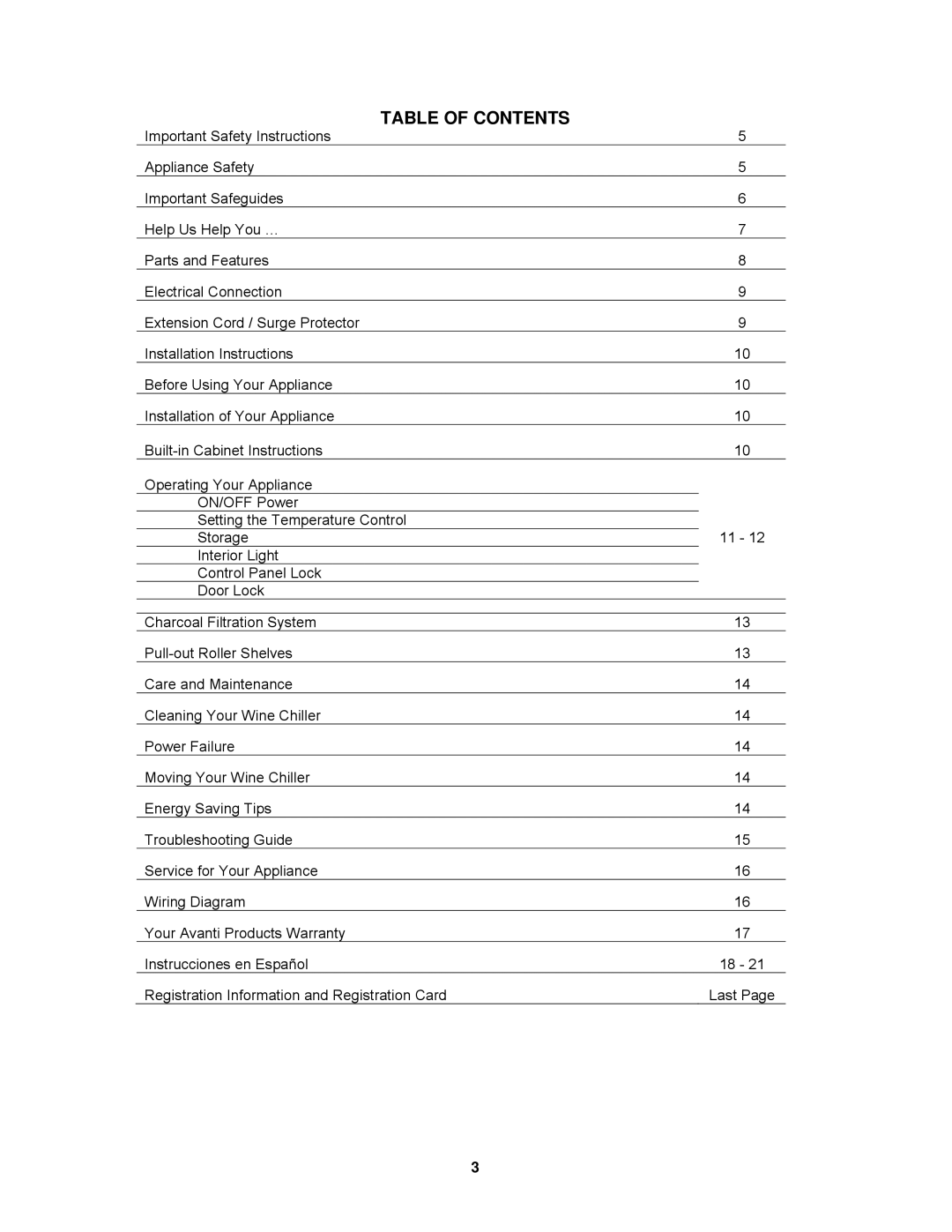 Avanti WCR520AS instruction manual Table of Contents 