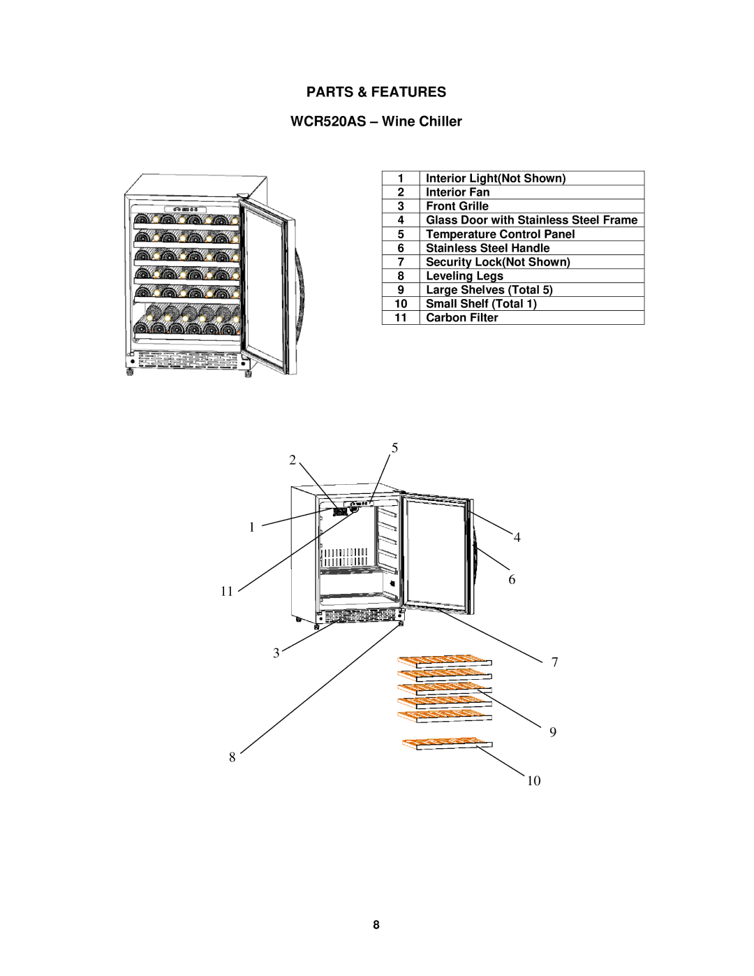 Avanti WCR520AS instruction manual Parts & Features 