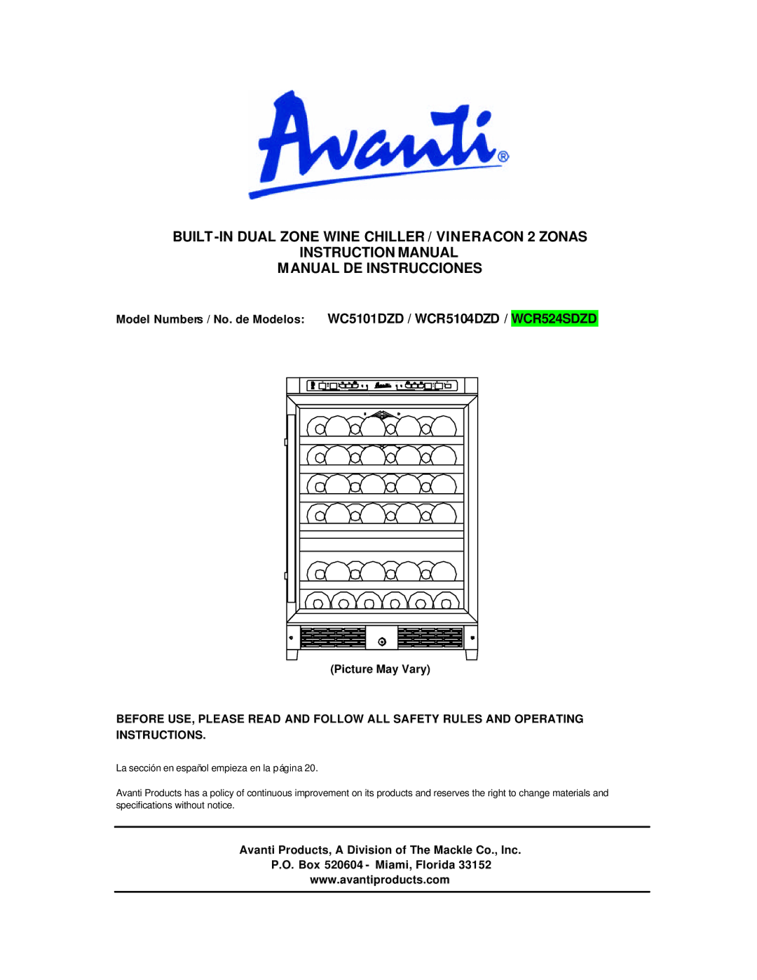 Avanti WCR524SDZD, WCR5104DZD, WC5101DZD instruction manual 