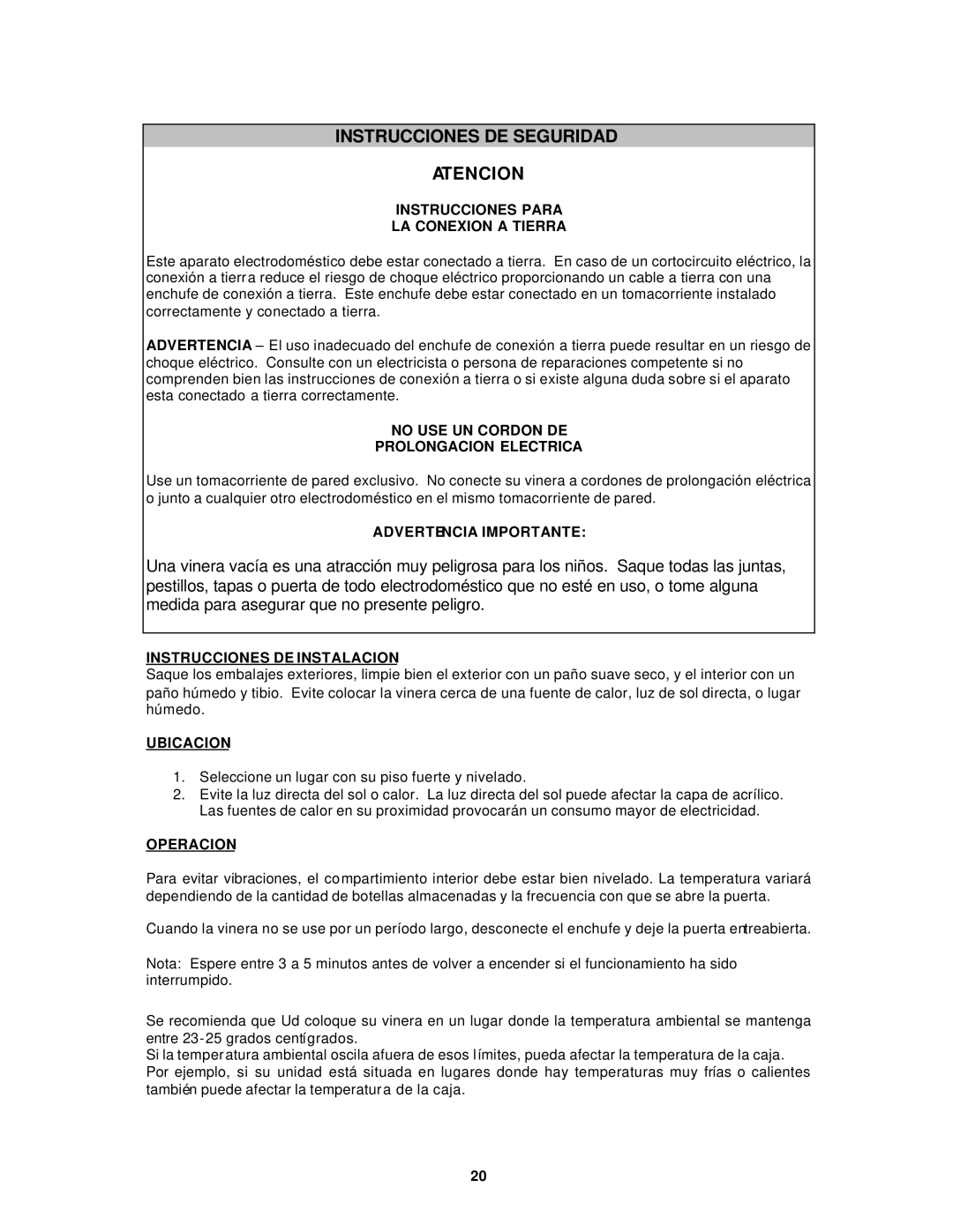 Avanti WCR524SDZD, WCR5104DZD, WC5101DZD instruction manual Instrucciones DE Seguridad Atencion 