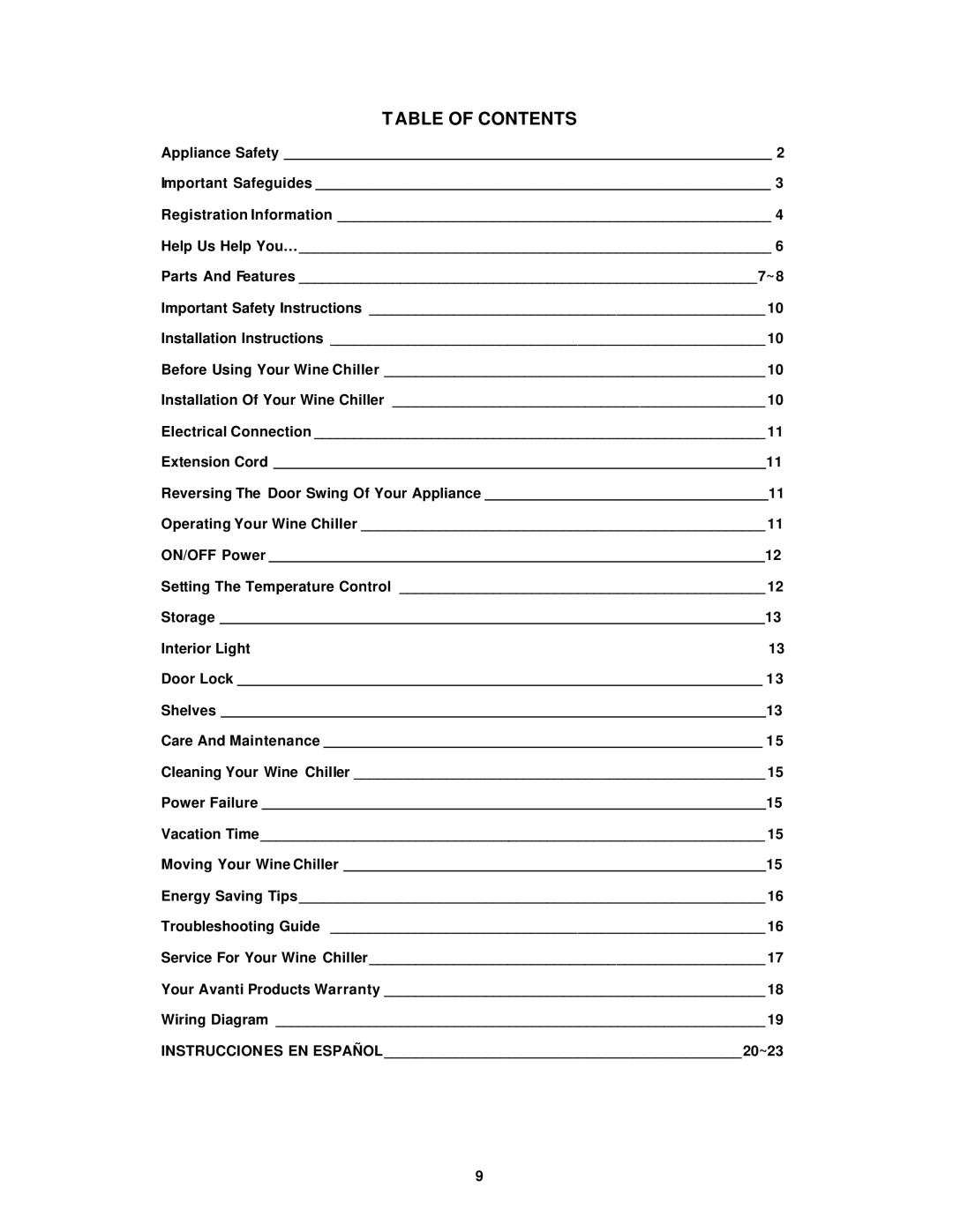 Avanti WCR524SDZD, WCR5104DZD, WC5101DZD instruction manual Table of Contents 