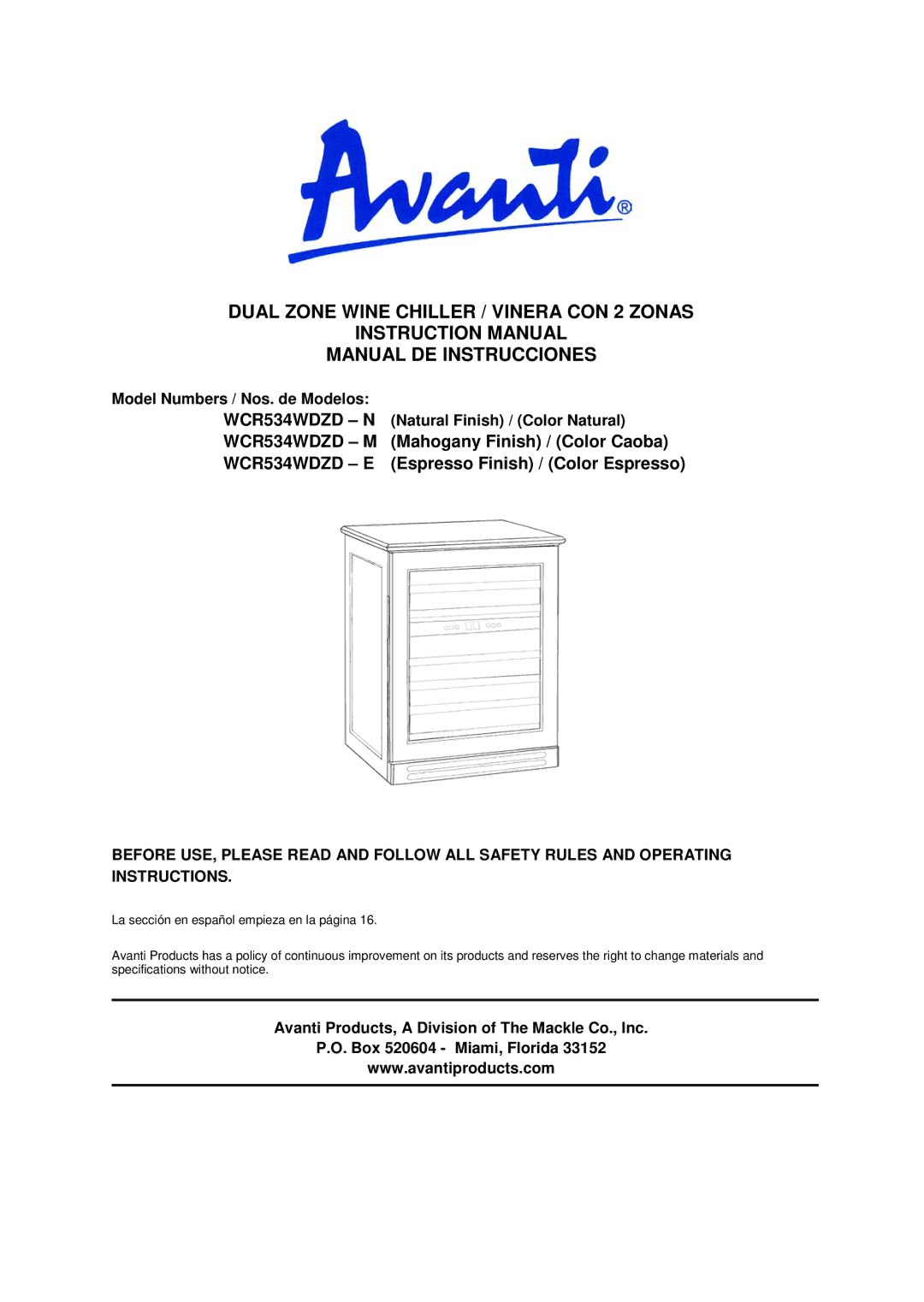 Avanti WCR534WDZD E, WCR534WDZD N, WCR534WDZD M instruction manual 