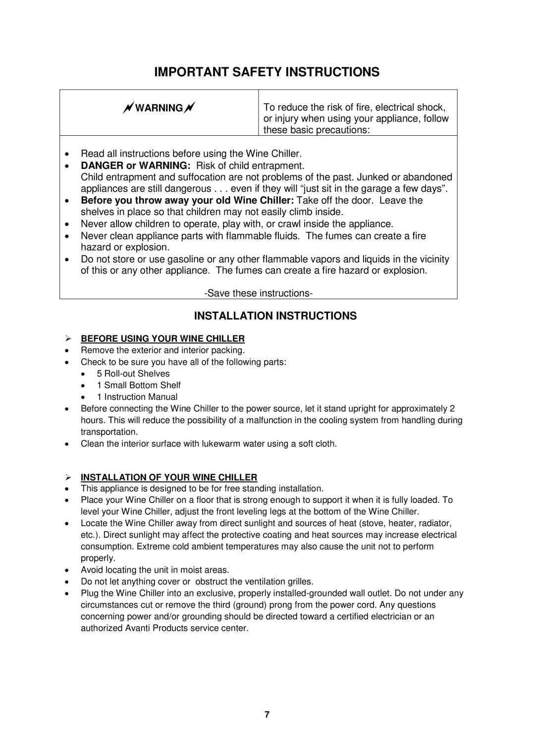 Avanti WCR534WDZD E Installation Instructions,  Before Using Your Wine Chiller,  Installation of Your Wine Chiller 