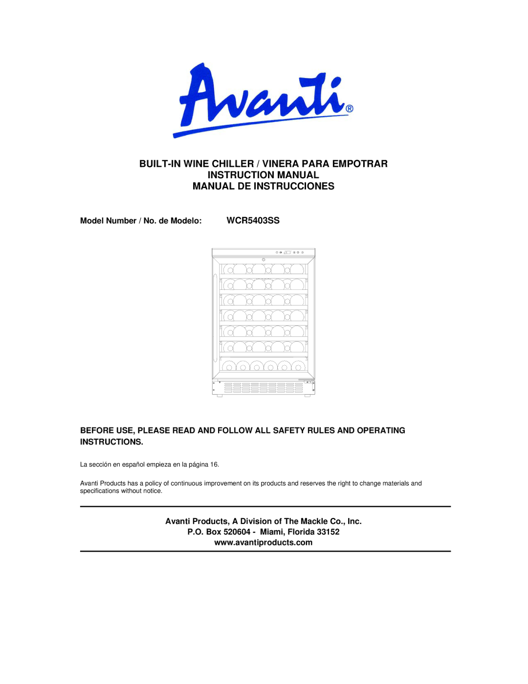 Avanti WCR5403SS instruction manual Model Number / No. de Modelo 