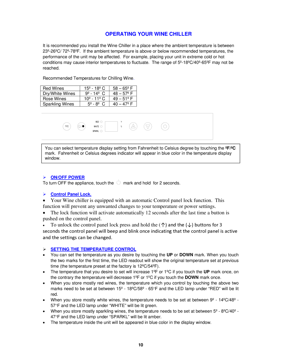 Avanti WCR5403SS instruction manual  ON/OFF Power,  Setting the Temperature Control 