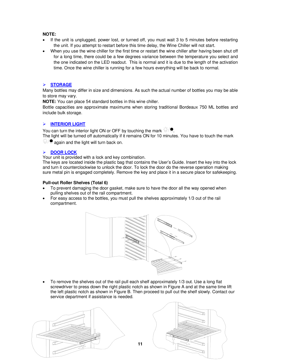 Avanti WCR5403SS instruction manual  Storage,  Interior Light,  Door Lock, Pull-out Roller Shelves Total 