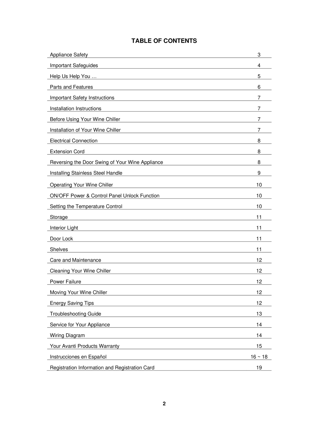 Avanti WCR5403SS instruction manual Table of Contents 