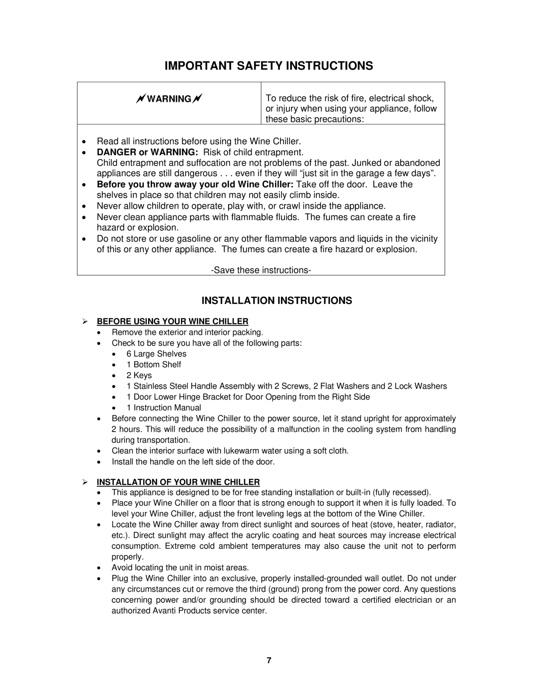 Avanti WCR5403SS Installation Instructions,  Before Using Your Wine Chiller,  Installation of Your Wine Chiller 