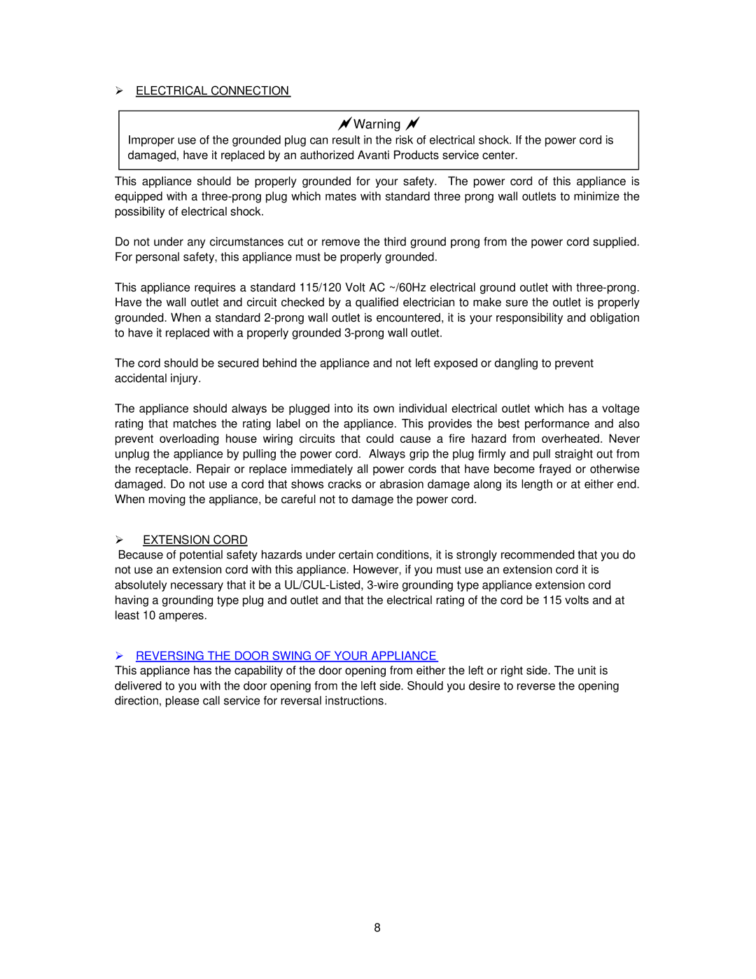 Avanti WCR5403SS instruction manual  Electrical Connection,  Extension Cord,  Reversing the Door Swing of Your Appliance 