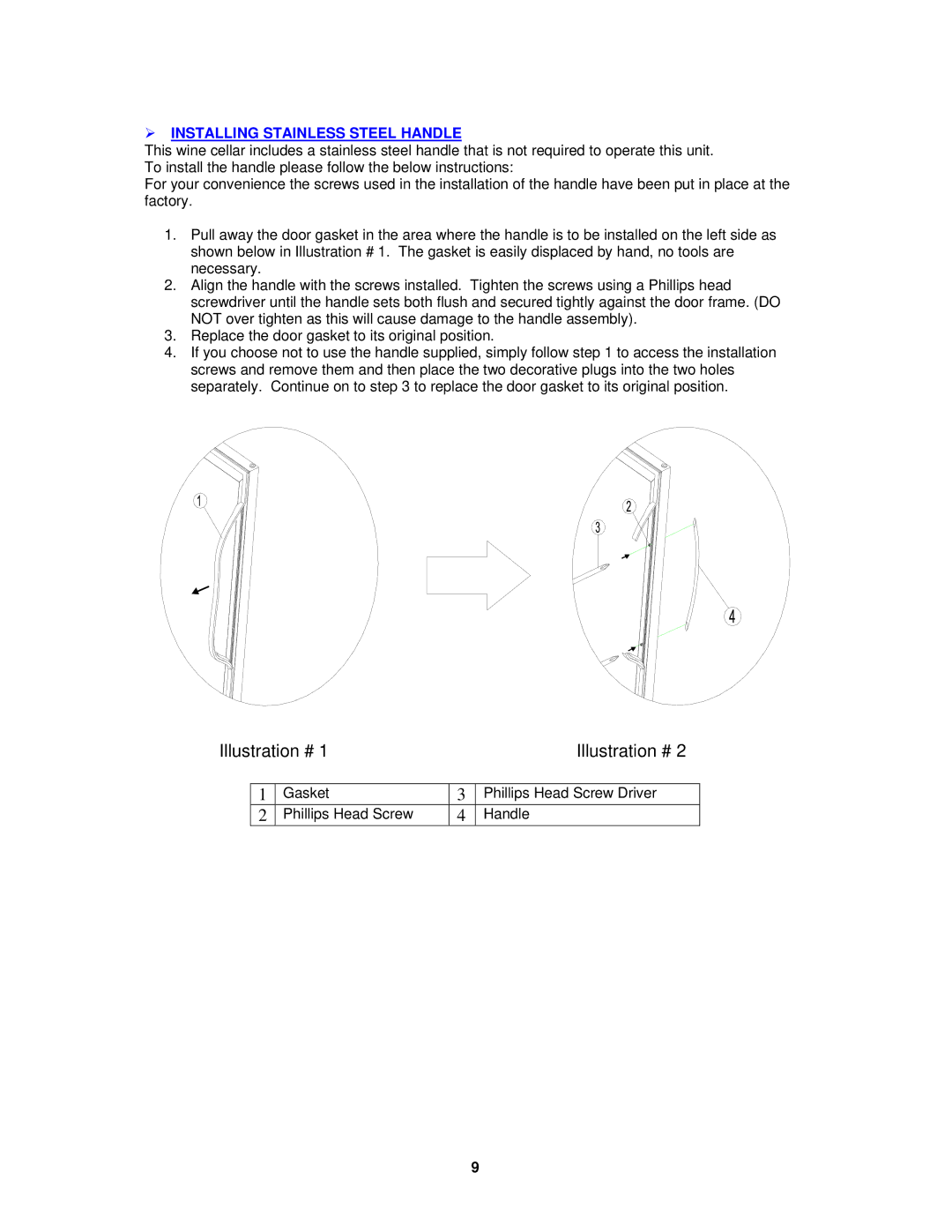 Avanti WCR5403SS instruction manual  Installing Stainless Steel Handle 