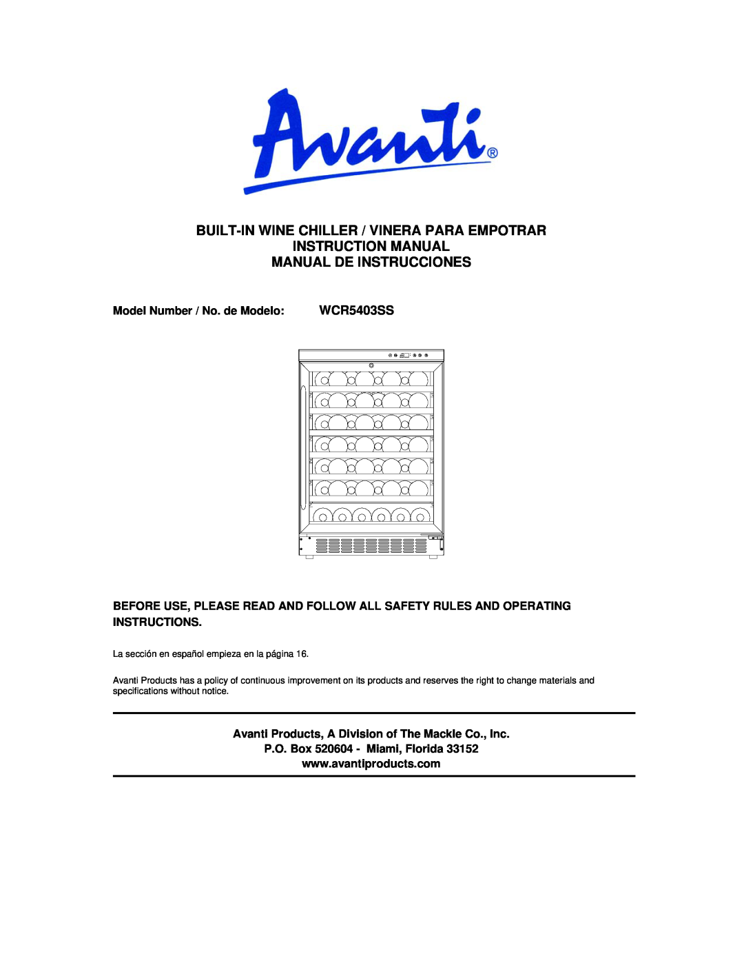 Avanti WCR5403SS instruction manual Built-In Wine Chiller / Vinera Para Empotrar Instruction Manual 