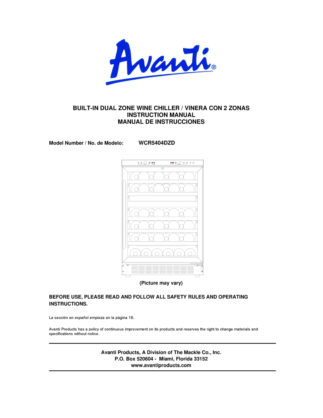 Avanti WCR5404DZD instruction manual Model Number / No. de Modelo, Picture may vary 