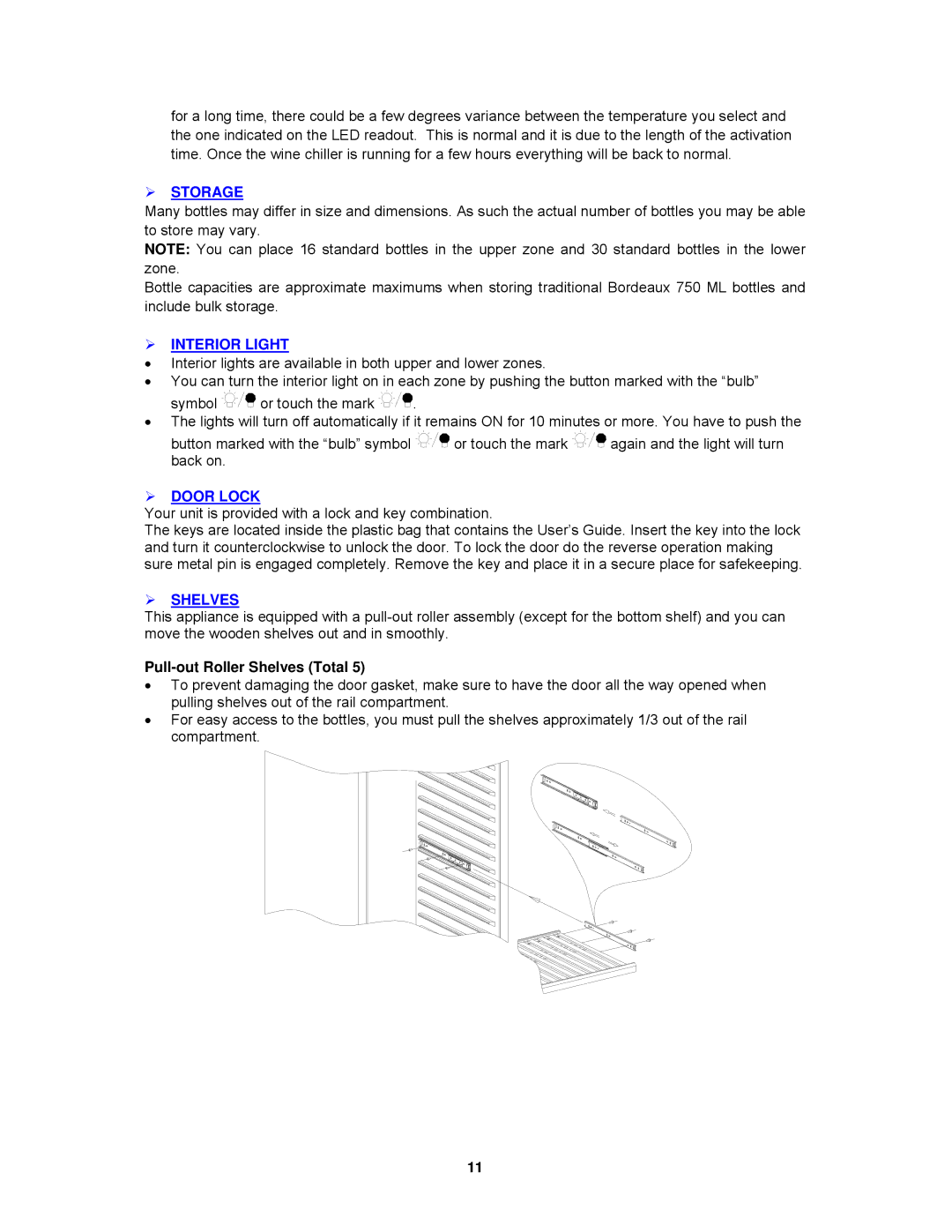 Avanti WCR5404DZD instruction manual  Storage,  Interior Light,  Door Lock,  Shelves, Pull-out Roller Shelves Total 