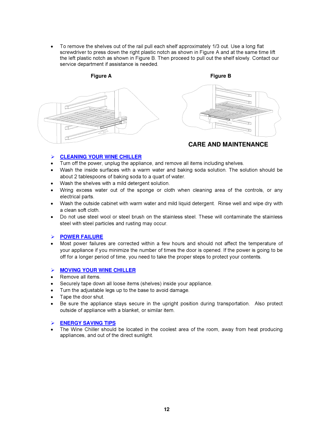 Avanti WCR5404DZD Care and Maintenance,  Cleaning Your Wine Chiller,  Power Failure,  Moving Your Wine Chiller 