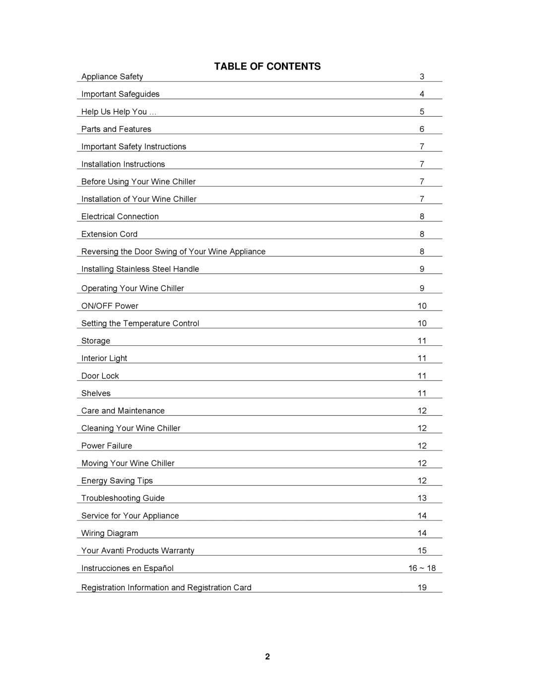 Avanti WCR5404DZD instruction manual Table of Contents 