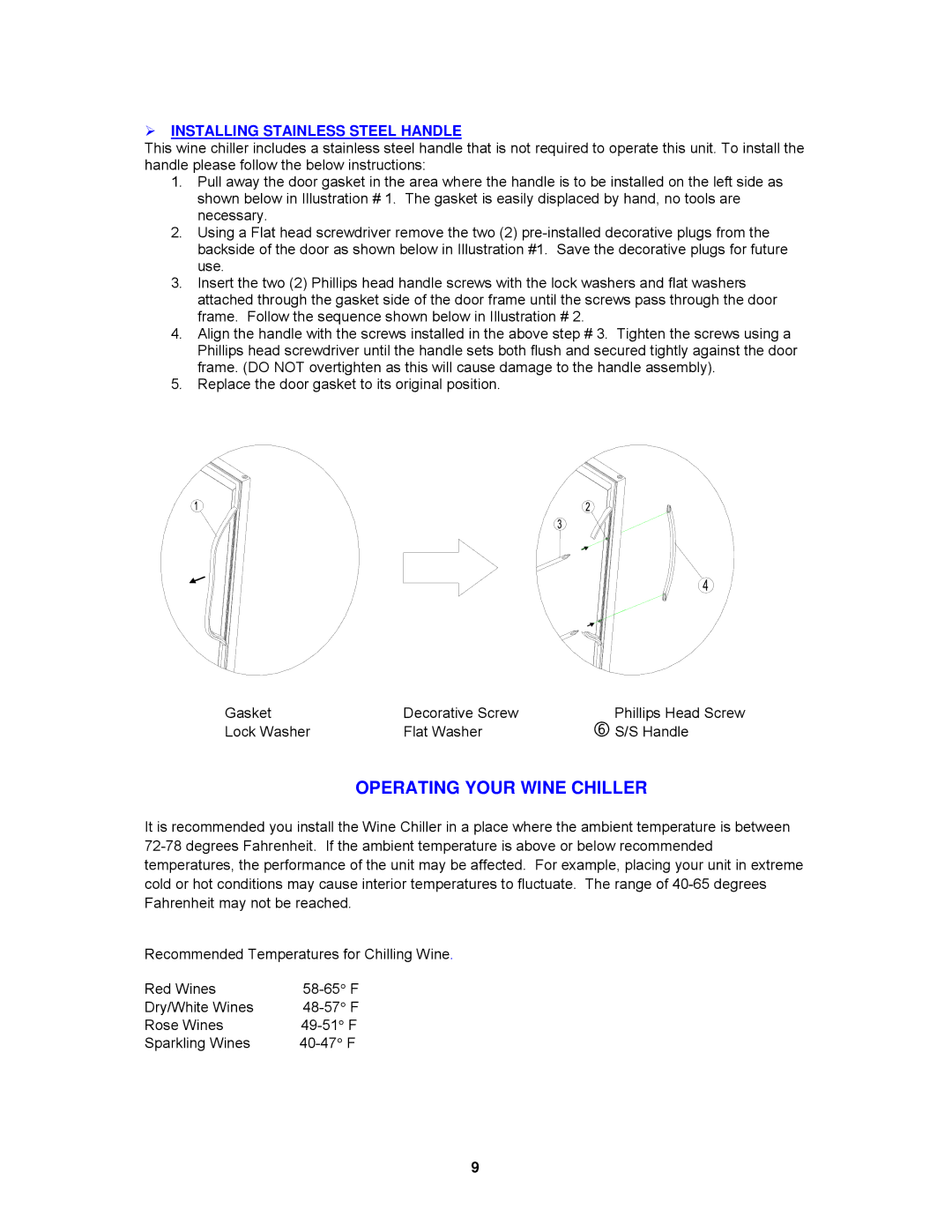 Avanti WCR5404DZD instruction manual Operating Your Wine Chiller,  Installing Stainless Steel Handle 