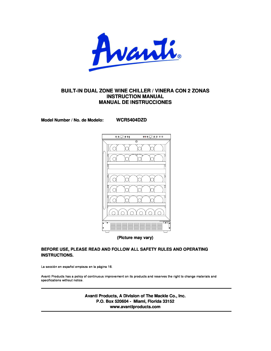 Avanti WCR5404DZD instruction manual BUILT-IN DUAL ZONE WINE CHILLER / VINERA CON 2 ZONAS, Model Number / No. de Modelo 