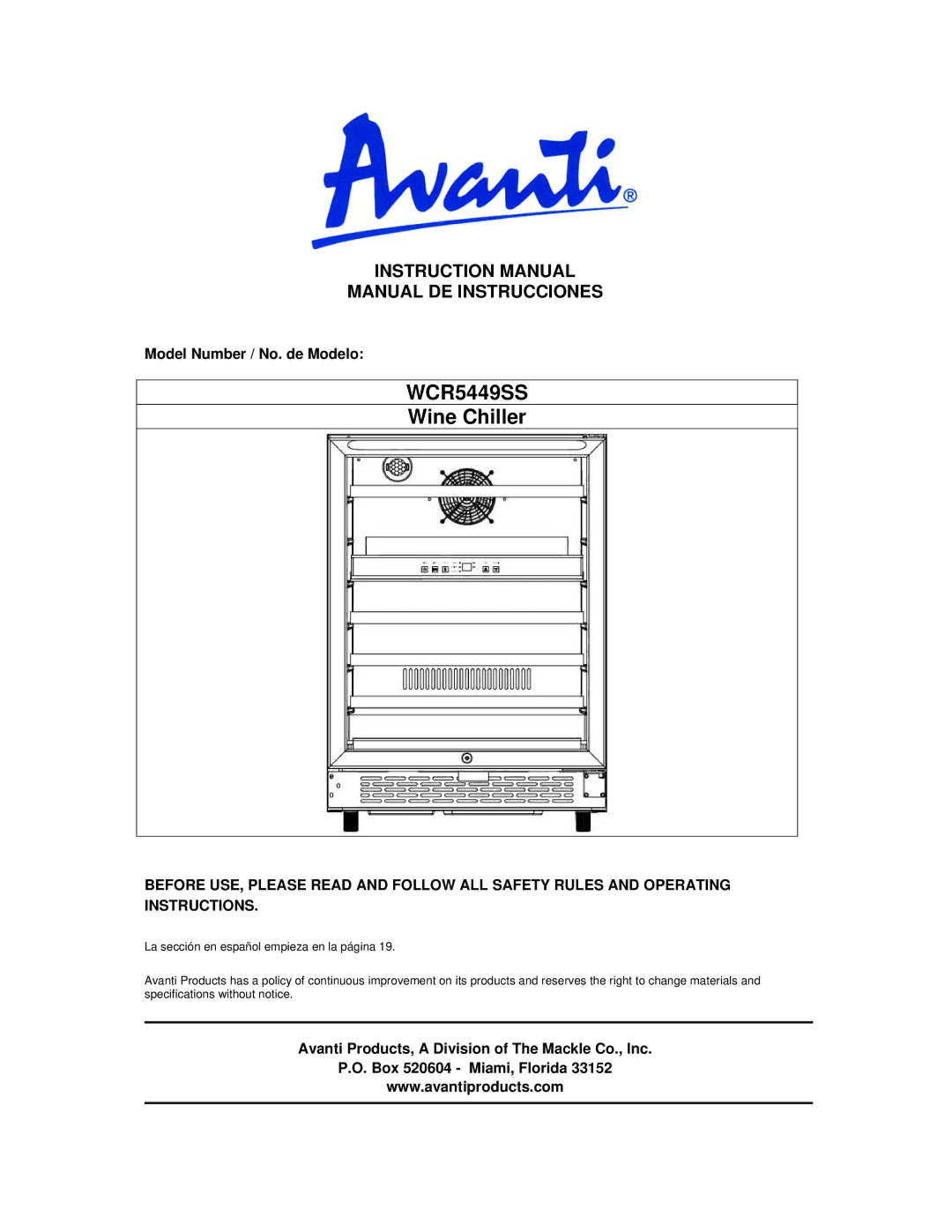 Avanti WCR5449SS instruction manual Manual DE Instrucciones, Model Number / No. de Modelo 