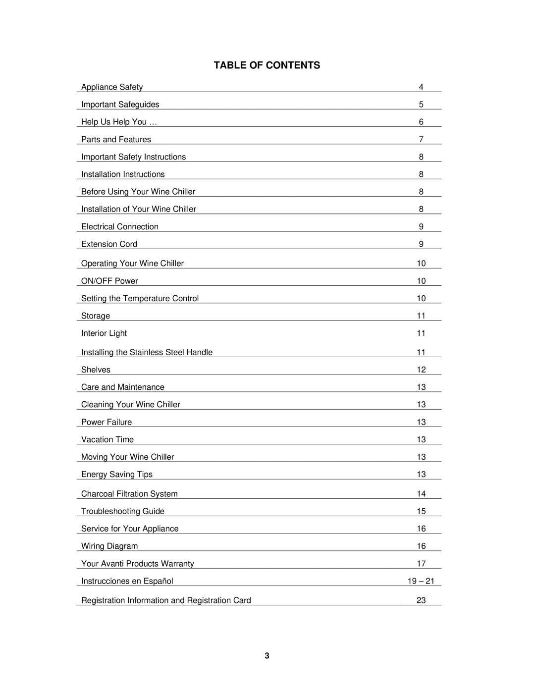 Avanti WCR5449SS instruction manual Table of Contents 