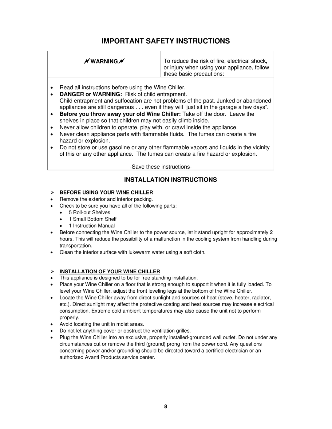 Avanti WCR5449SS Installation Instructions,  Before Using Your Wine Chiller,  Installation of Your Wine Chiller 