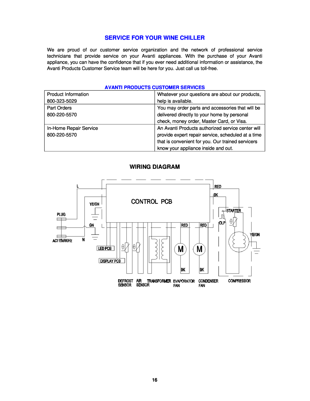 Avanti WCR5449SS instruction manual Service For Your Wine Chiller, Wiring Diagram 