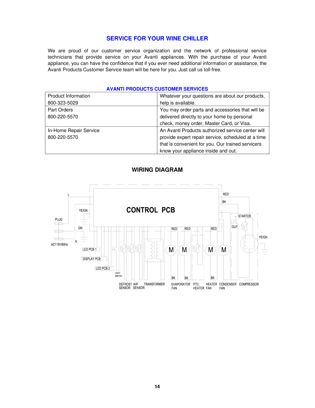 Avanti WCR5450DZ instruction manual Service for Your Wine Chiller, Wiring Diagram 