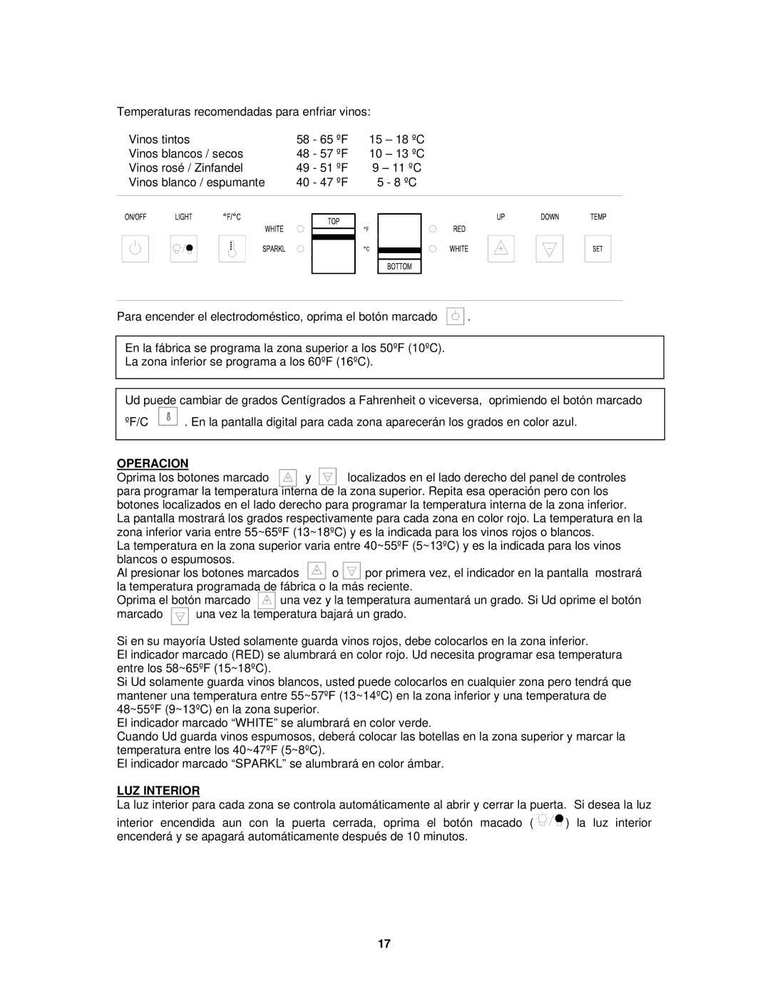 Avanti WCR5450DZ instruction manual LUZ Interior 