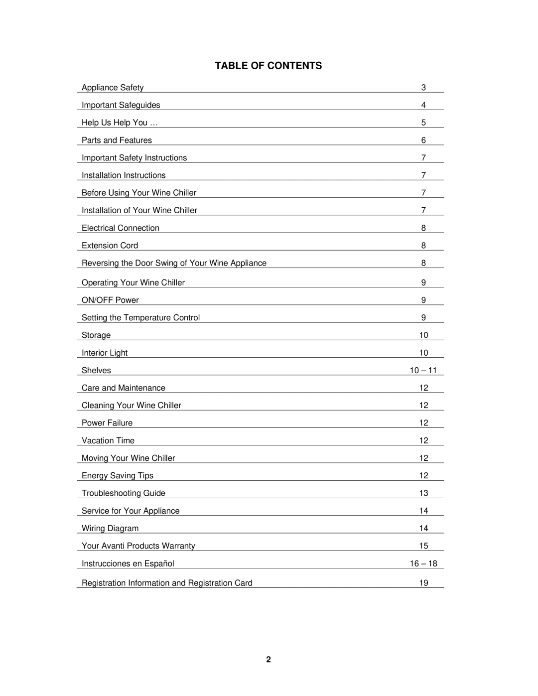 Avanti WCR5450DZ instruction manual Table of Contents 