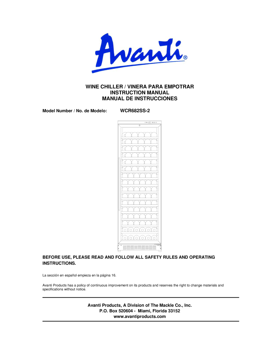 Avanti WCR682SS-2 instruction manual Wine Chiller / Vinera Para Empotrar Manual DE Instrucciones 