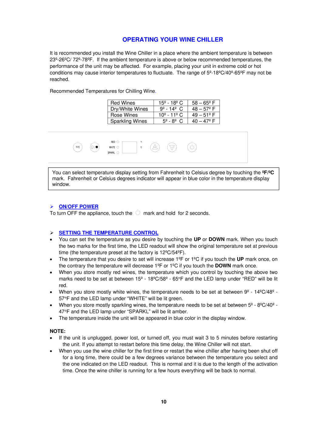 Avanti WCR682SS-2 instruction manual  ON/OFF Power,  Setting the Temperature Control 