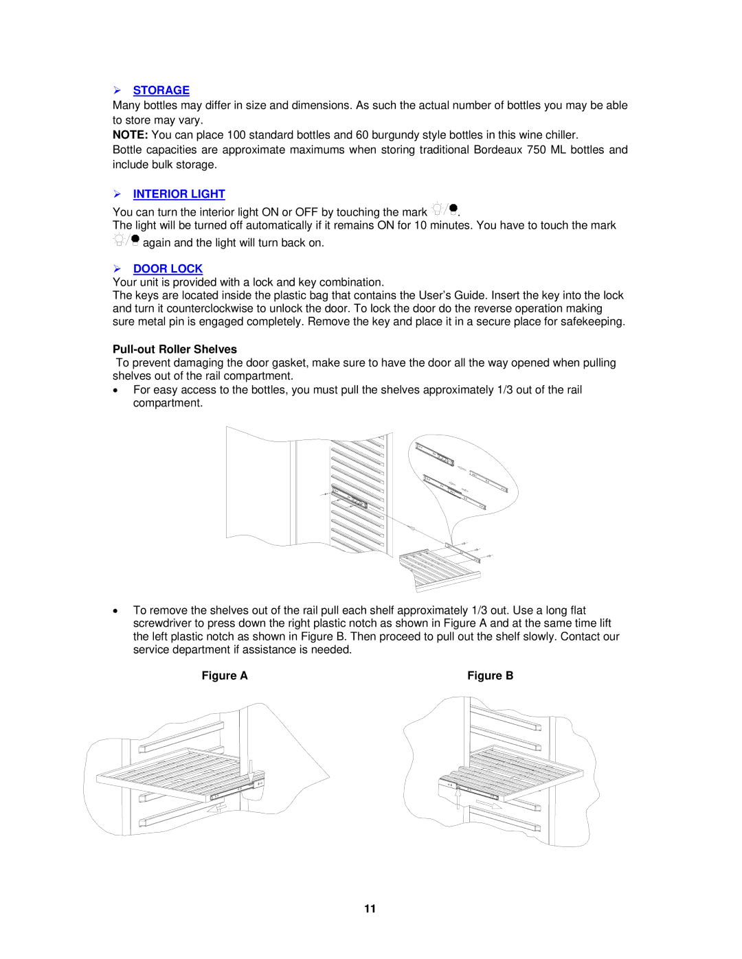 Avanti WCR682SS-2 instruction manual  Storage,  Interior Light,  Door Lock, Pull-out Roller Shelves 