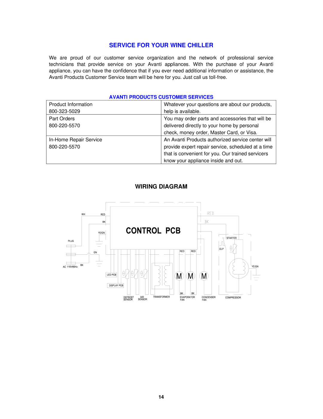 Avanti WCR682SS-2 instruction manual Wiring Diagram, Avanti Products Customer Services 