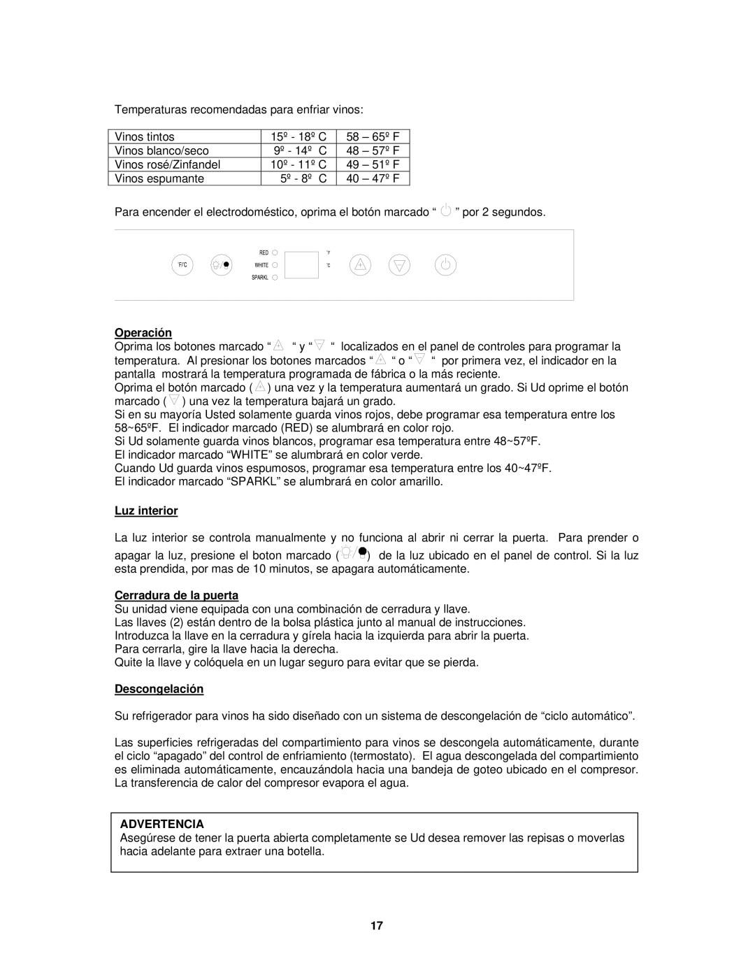 Avanti WCR682SS-2 instruction manual Operación, Luz interior, Cerradura de la puerta, Descongelación, Advertencia 