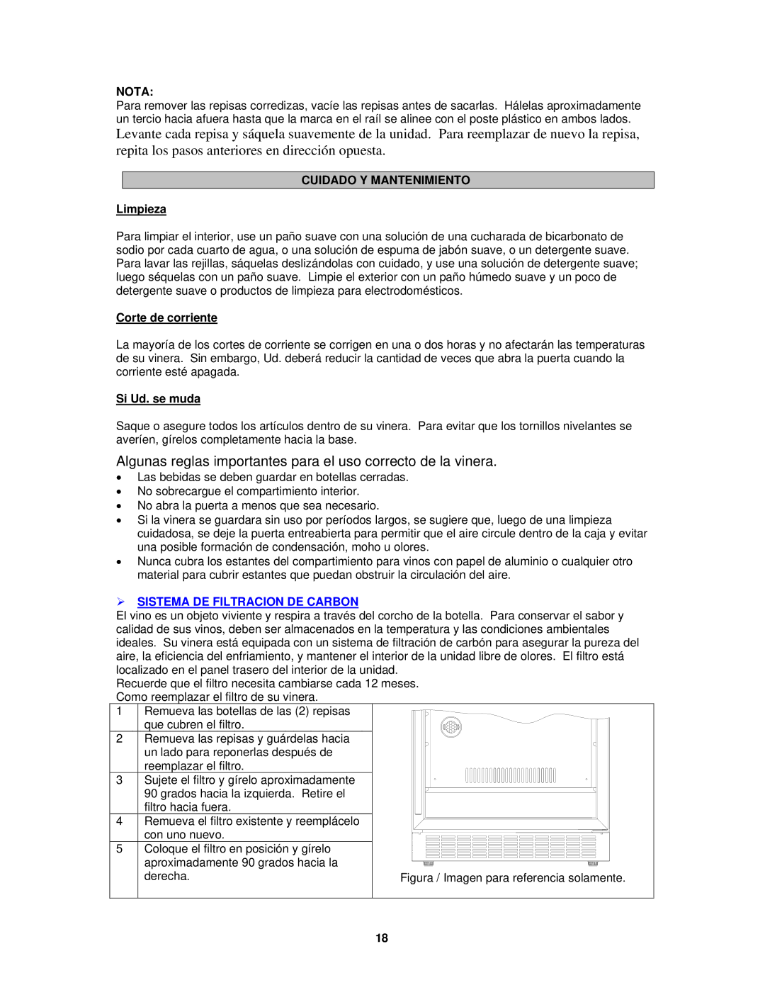 Avanti WCR682SS-2 instruction manual Nota, Cuidado Y Mantenimiento,  Sistema DE Filtracion DE Carbon 