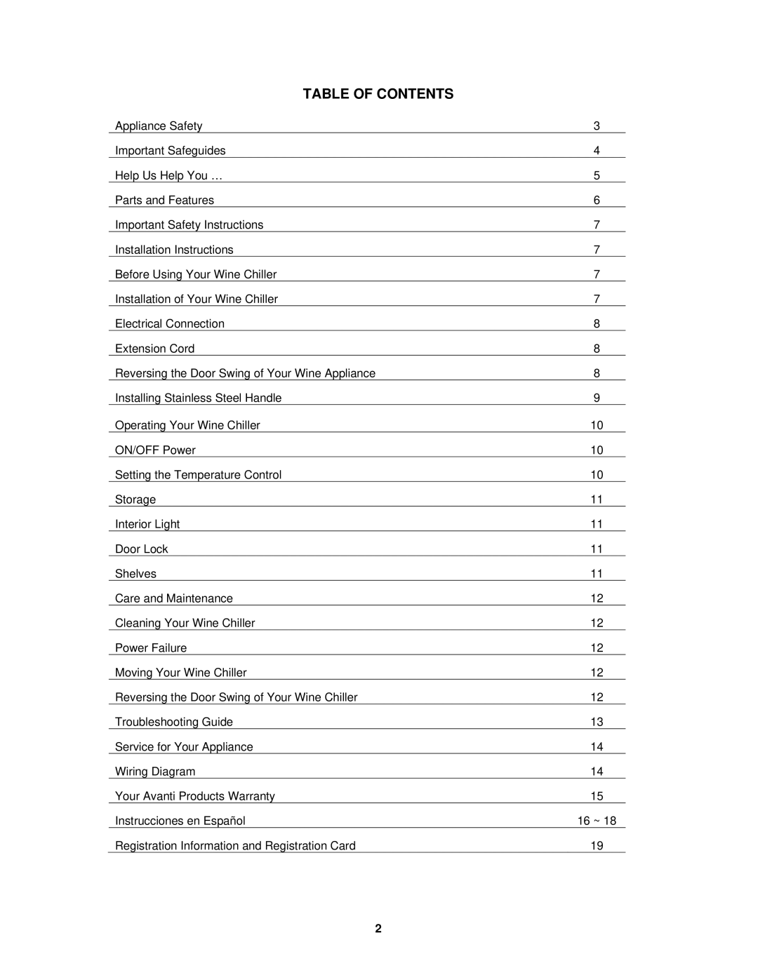 Avanti WCR682SS-2 instruction manual Table of Contents 