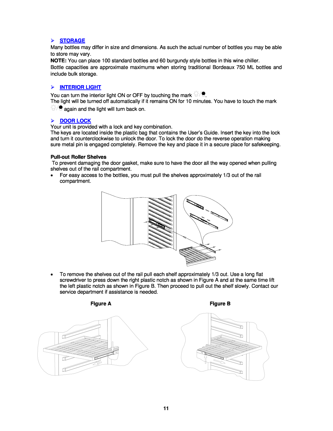 Avanti WCR682SS-2 instruction manual Storage, Interior Light, Door Lock, Pull-outRoller Shelves, Figure A 