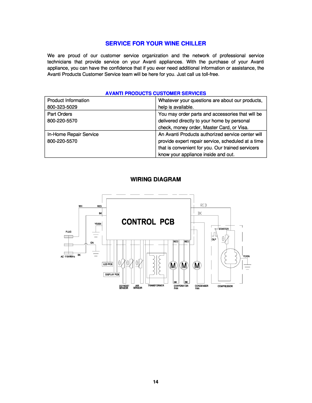 Avanti WCR682SS-2 instruction manual Service For Your Wine Chiller, Wiring Diagram, Avanti Products Customer Services 