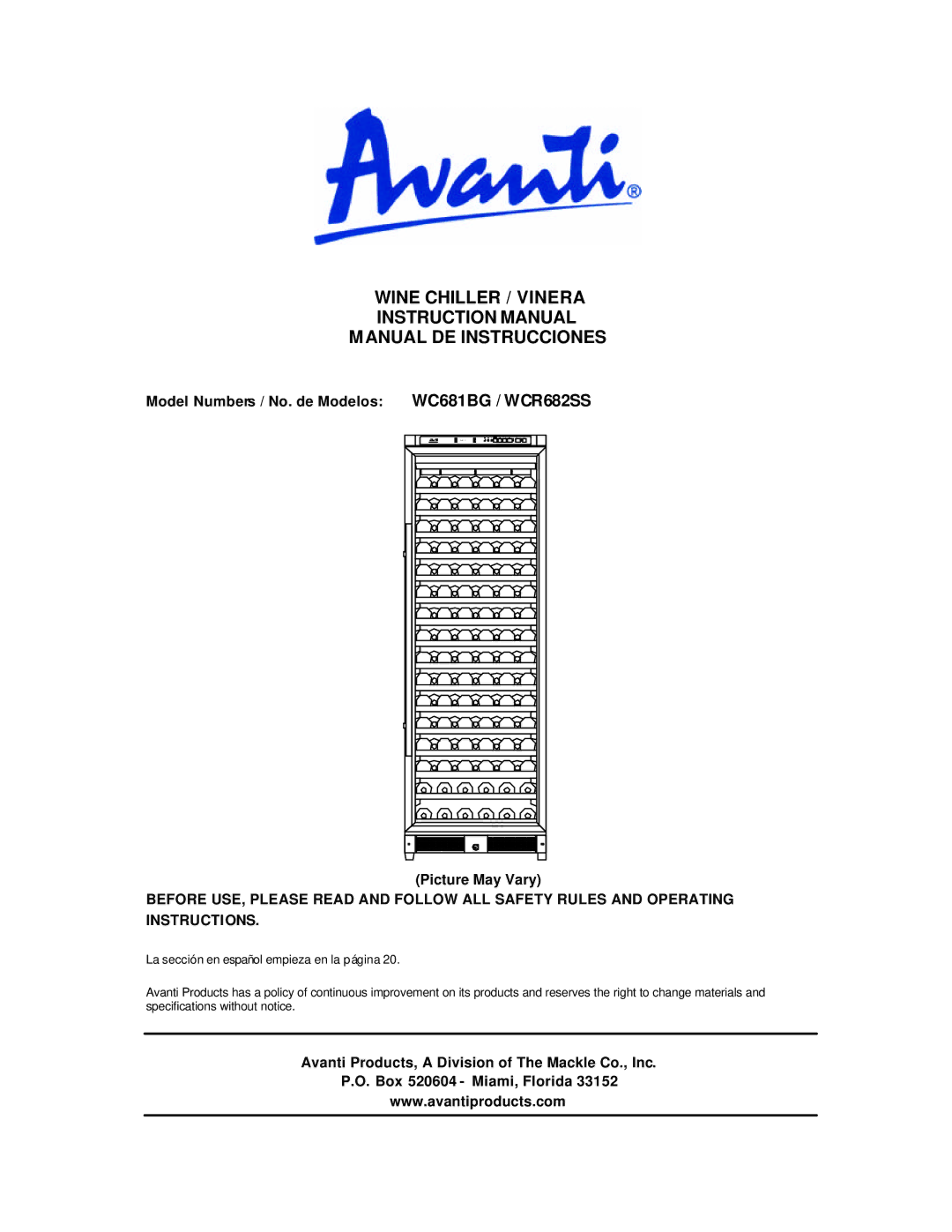 Avanti WC681BG, WCR682SS instruction manual Wine Chiller / Vinera, Manual DE Instrucciones, Model Numbers / No. de Modelos 