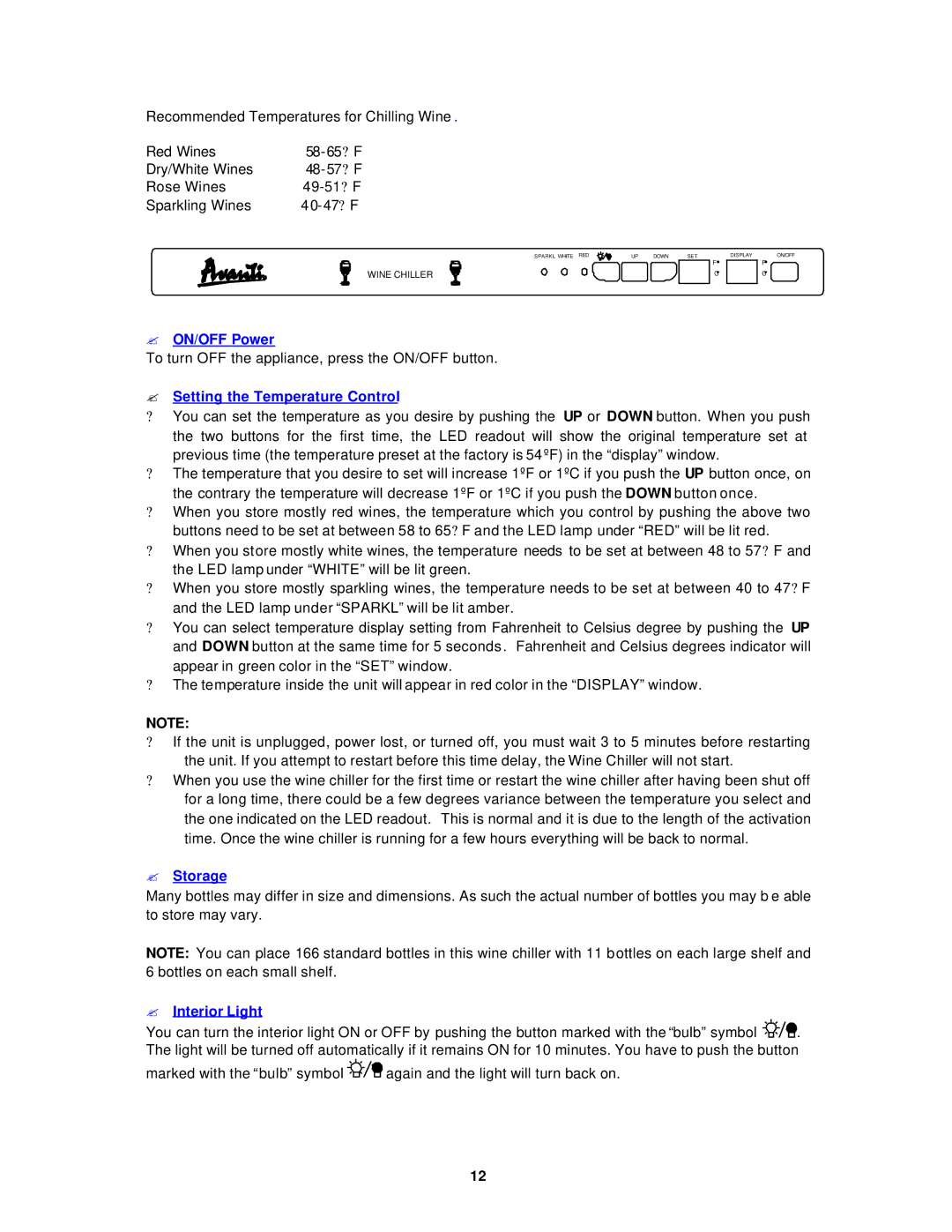 Avanti WCR682SS, WC681BG instruction manual ? ON/OFF Power, ? Setting the Temperature Control, ? Storage, ? Interior Light 