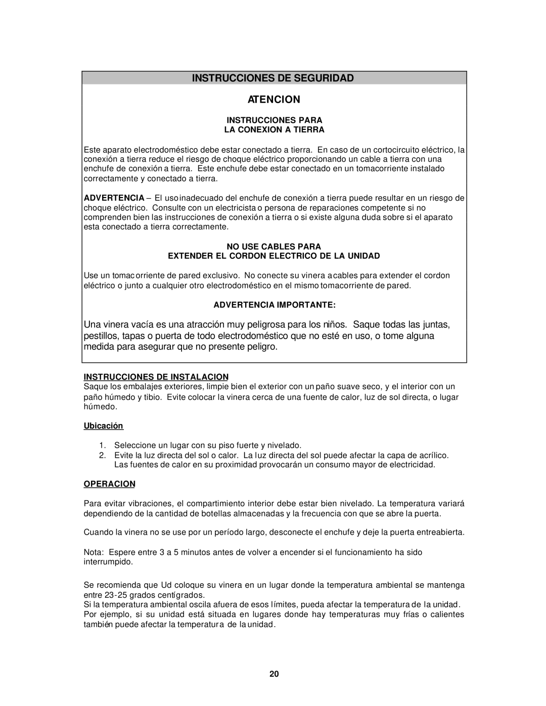 Avanti WCR682SS Instrucciones DE Seguridad Atencion, Instrucciones Para LA Conexion a Tierra, Advertencia Importante 