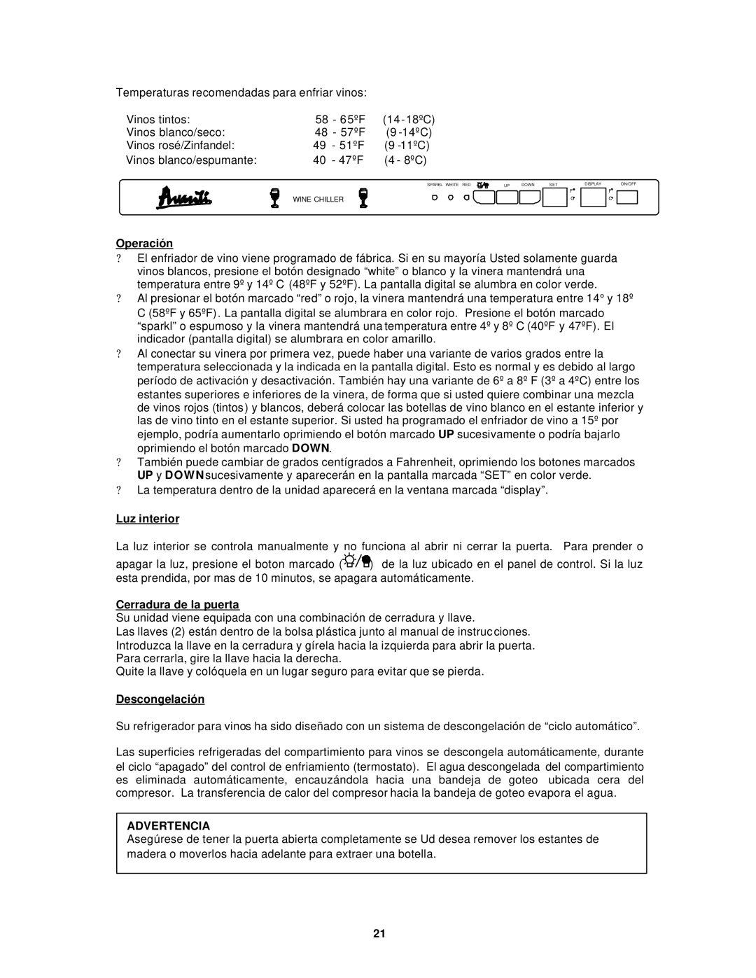 Avanti WC681BG, WCR682SS instruction manual Operación, Luz interior, Cerradura de la puerta, Descongelación, Advertencia 