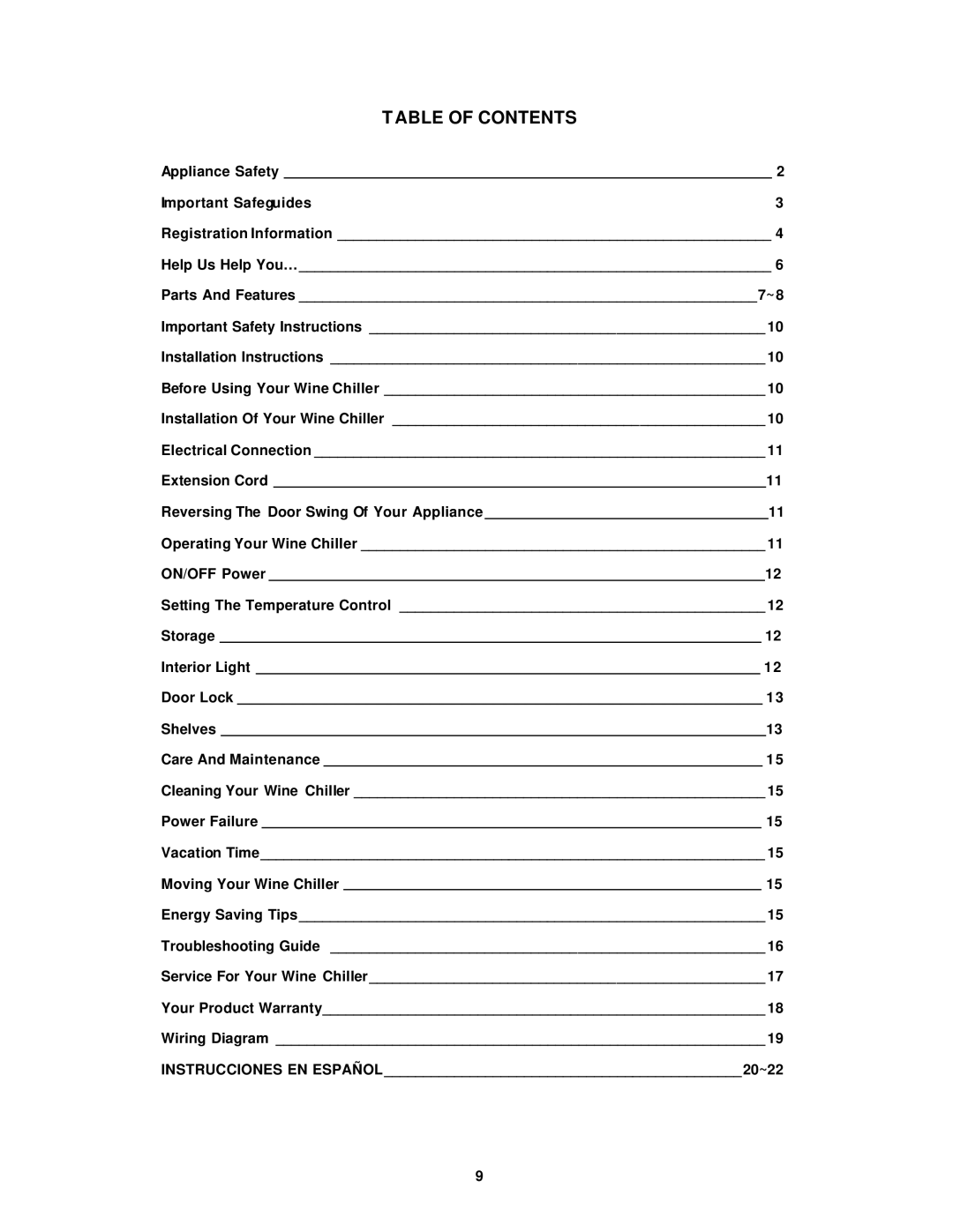 Avanti WC681BG, WCR682SS instruction manual Table of Contents 