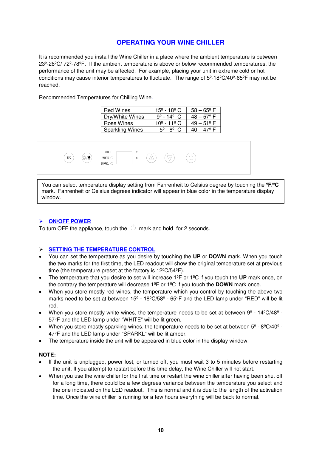 Avanti WCR682SS1 instruction manual  ON/OFF Power,  Setting the Temperature Control 