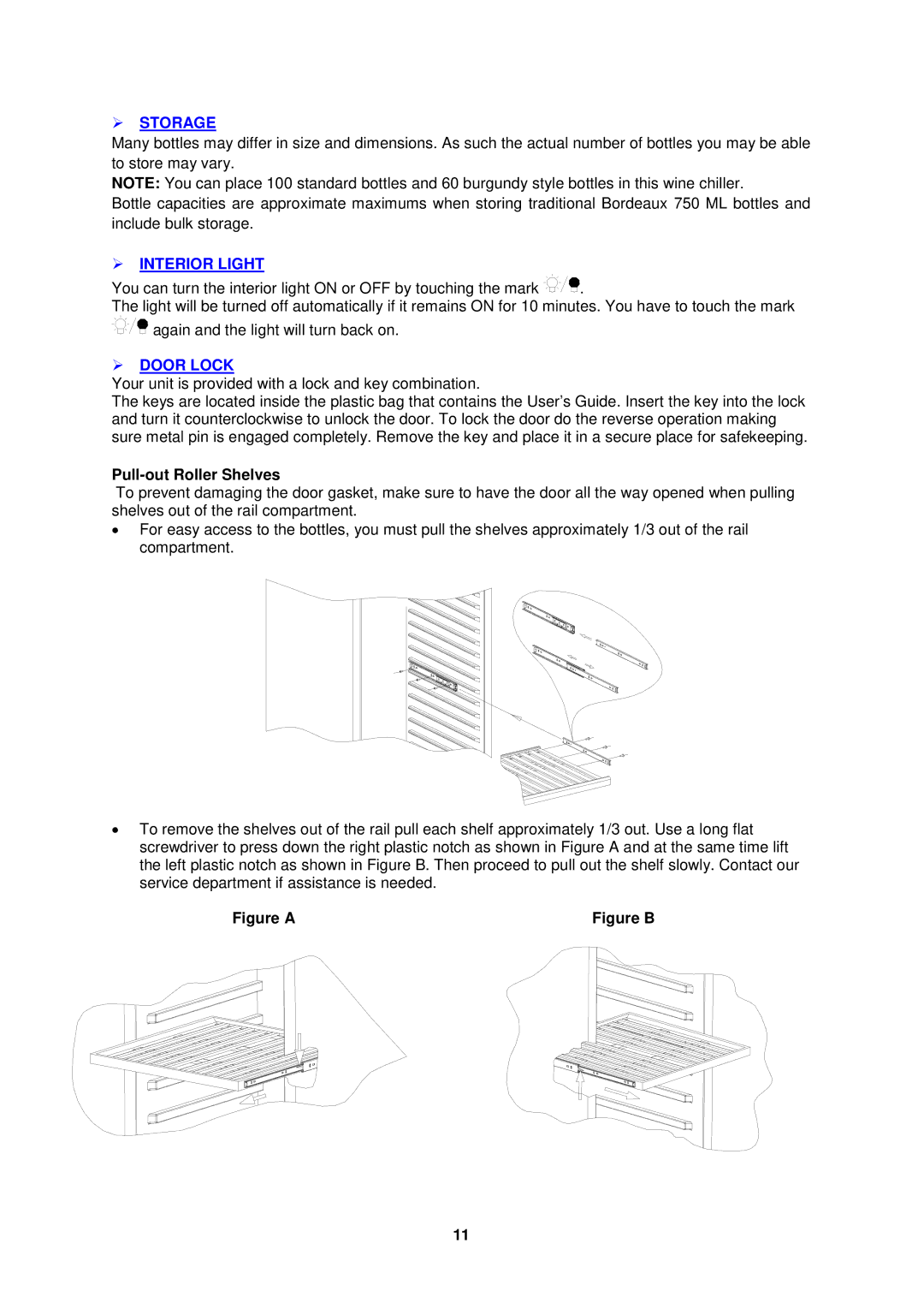 Avanti WCR682SS1 instruction manual  Storage,  Interior Light,  Door Lock, Pull-out Roller Shelves 