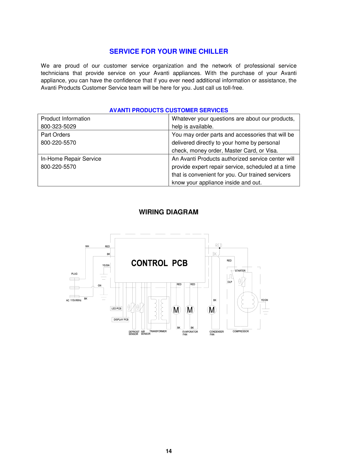 Avanti WCR682SS1 instruction manual Wiring Diagram, Avanti Products Customer Services 