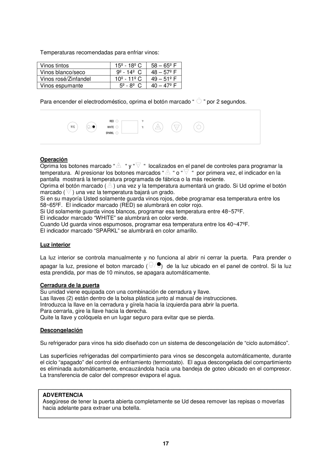 Avanti WCR682SS1 instruction manual Operación, Luz interior, Cerradura de la puerta, Descongelación, Advertencia 