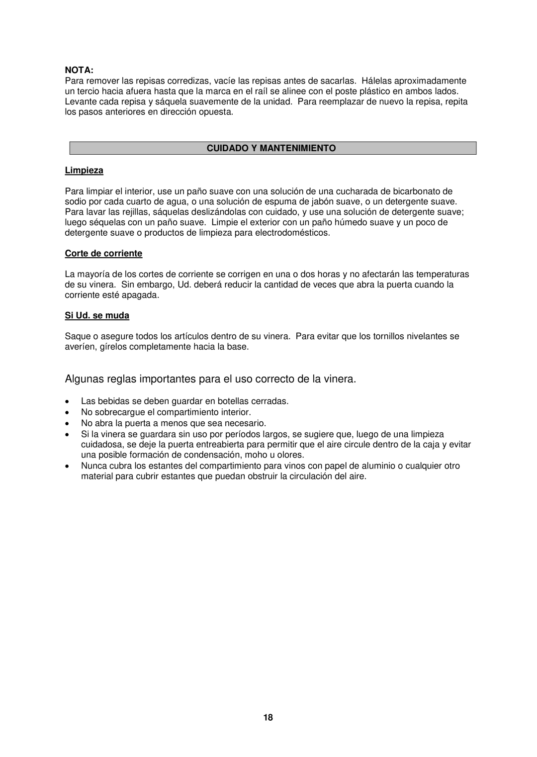 Avanti WCR682SS1 instruction manual Nota, Cuidado Y Mantenimiento, Limpieza, Corte de corriente, Si Ud. se muda 