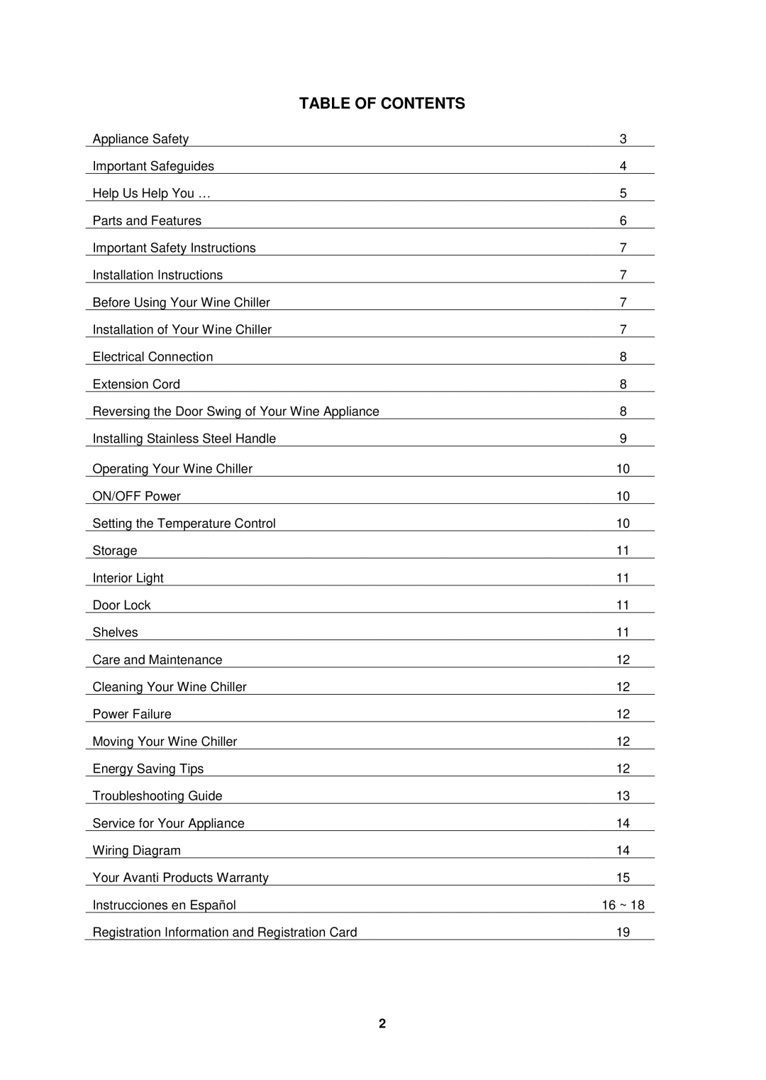 Avanti WCR682SS1 instruction manual Table of Contents 