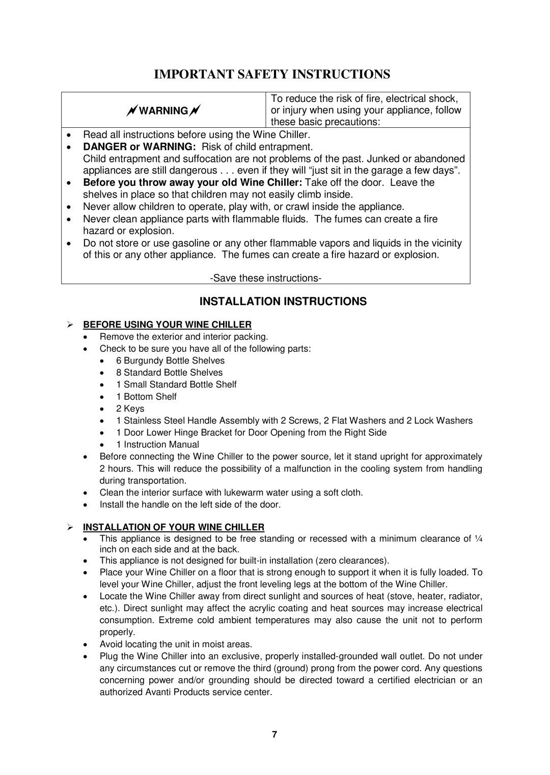 Avanti WCR682SS1 Installation Instructions,  Before Using Your Wine Chiller,  Installation of Your Wine Chiller 