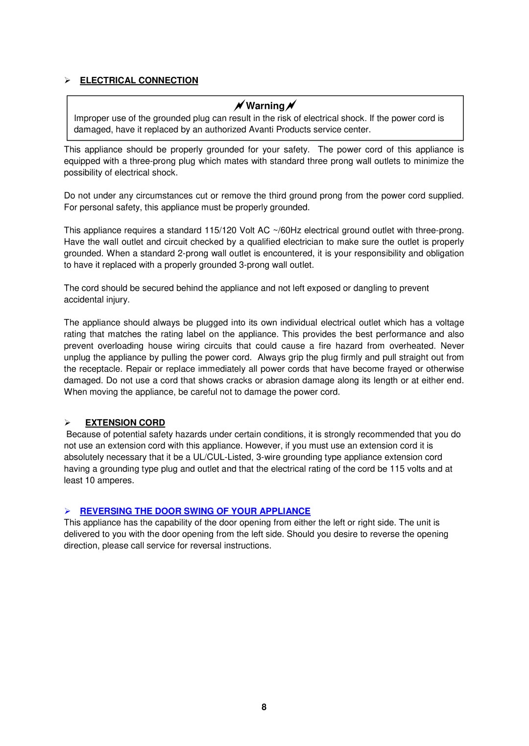 Avanti WCR682SS1 instruction manual  Electrical Connection,  Extension Cord,  Reversing the Door Swing of Your Appliance 